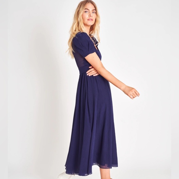 LoveShackFancy Blue Midi long Dress hutchinson silk crepe shirred flowy size 0 - Picture 3 of 10